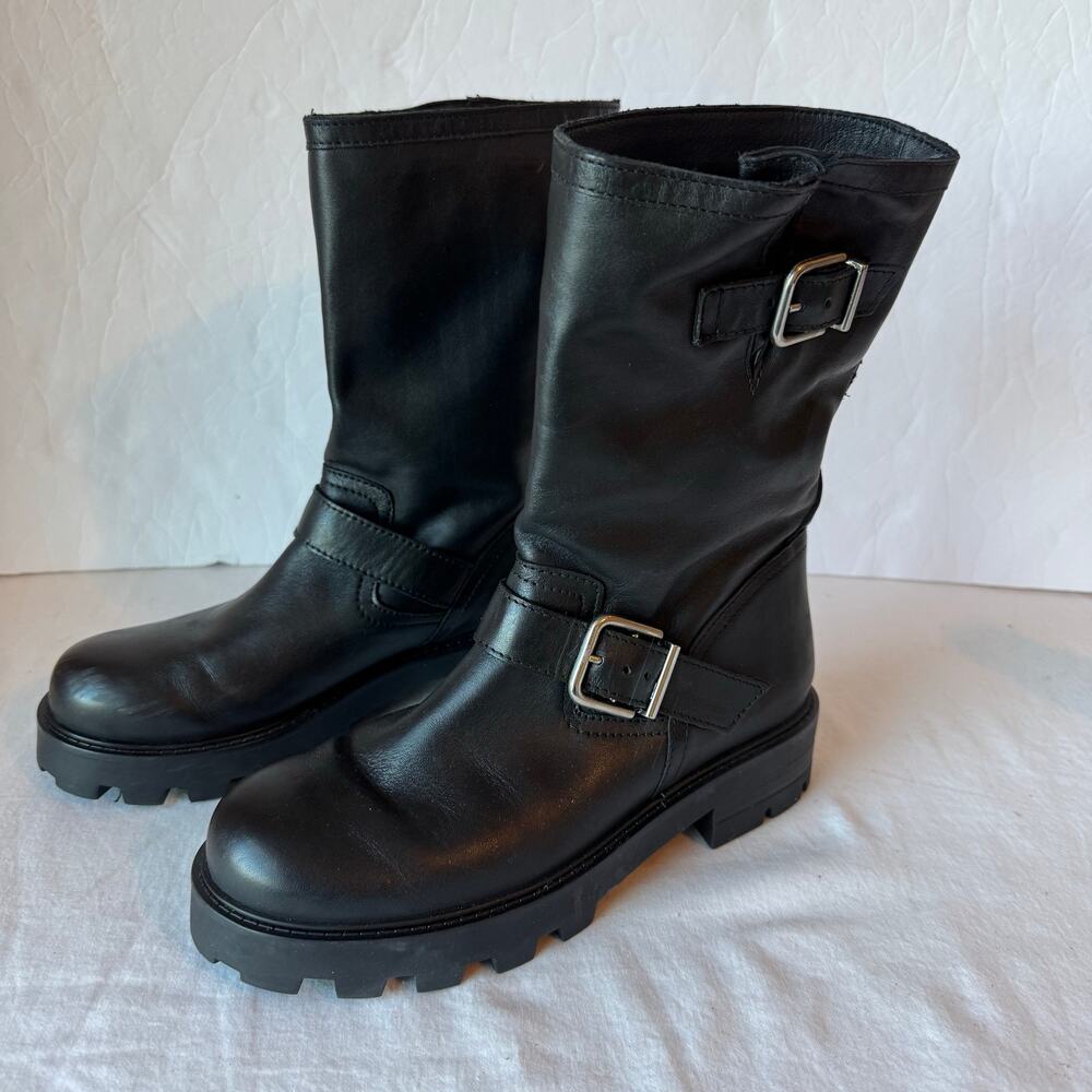 Steve Madden Women's Gleeson Leather Moto Pull On Boot 7 Black Buckles Edgy